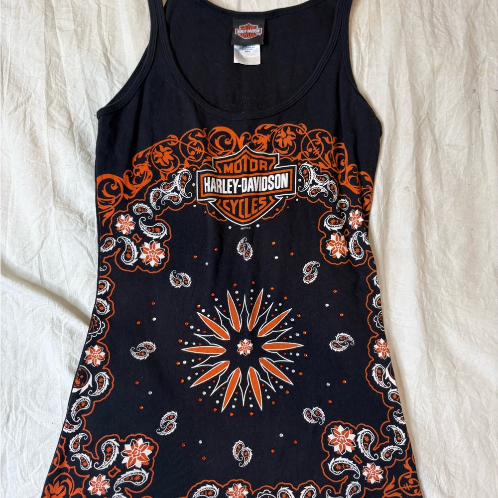 Harley-Davidson Black and Orange Graphic Sleeveless Tank Top